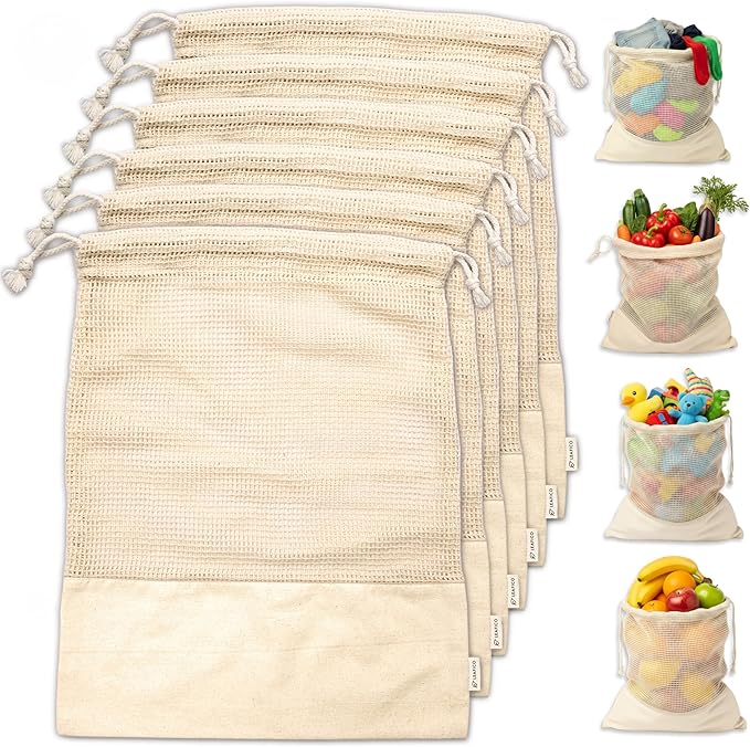 LEAFICO Reusable Produce Bags – 100% Cotton Mesh & Solid Hybrid (Medium 10x12 inch 6 Pcs) – Reusable Grocery Bags for Apples, Carrots, Bulk Vegetables – Washable, Plastic-Free, Breathable, Zero Waste
