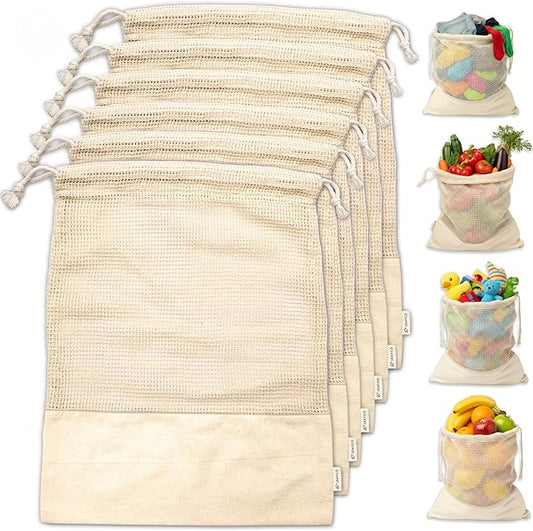 LEAFICO Reusable Produce Bags – 100% Cotton Mesh & Solid Hybrid (Medium 10x12 inch 6 Pcs) – Reusable Grocery Bags for Apples, Carrots, Bulk Vegetables – Washable, Plastic-Free, Breathable, Zero Waste