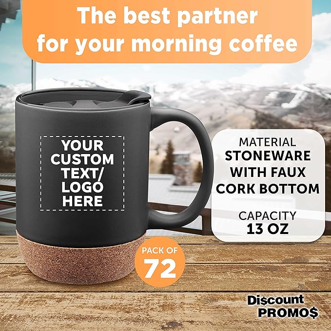 Custom Barista Ceramic Mugs with Cork Bottom 13 oz. Set of 72, Personalized Bulk Pack - Perfect for Coffee, Tea, Espresso, Hot Cocoa, Other Beverages - Black