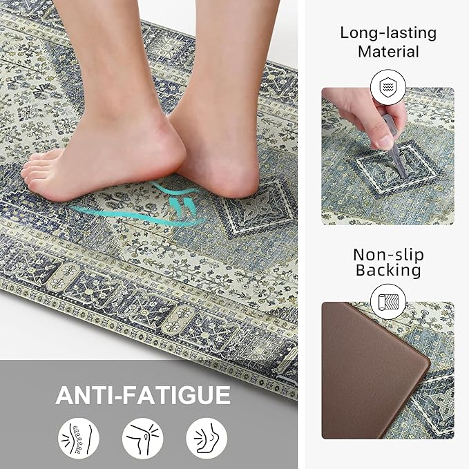 GENIMO Kitchen Mats for Floor 2PCs, Washable Anti Fatigue Mat for Cushioned, 17.3"x59"+17.3"x30", Waterproof Kitchen Rugs, Non Slip Comfort Standing Mat Rug for Home, Sink, Laundry, Blue