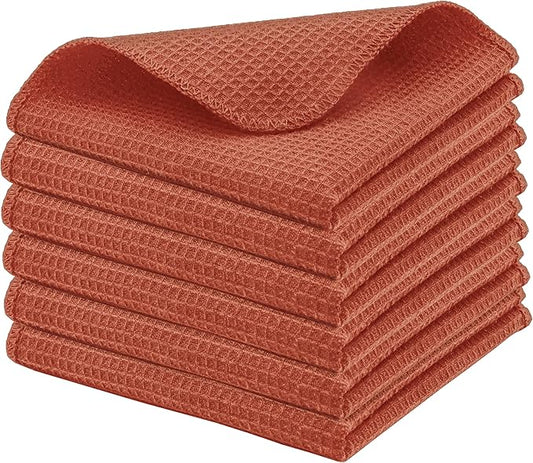 PurpleEssences Rust Dish Cloths and Dish Rags - 6 Pack Waffle Weave Solid Kitchen Dish Wash Cloths, 100% Cotton, 12 x 12 Inches, Ultra Soft Absorbent Quick Drying - Christmas Holiday Winter - Rust