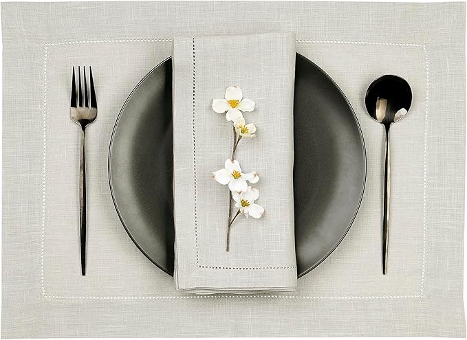 D'Moksha Homes Silver Grey Linen Cloth Placemats Set of 4-100% Pure Linen Hemstitch Placemats 14 x 19 Inch - Classic Hemstitch Table Place Mats for Thanksgiving - Handcrafted and Machine Washable