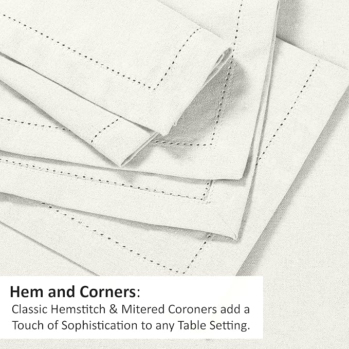 Ruvanti Premium Linen Napkins Set of 6-20x20 Inch, Classic Hemstitch, Mitered Corner Cloth Napkins ‎- Soft, Elegant Dinner Napkins Cloth Washable for Weddings, Parties, Everyday Use - Ivory