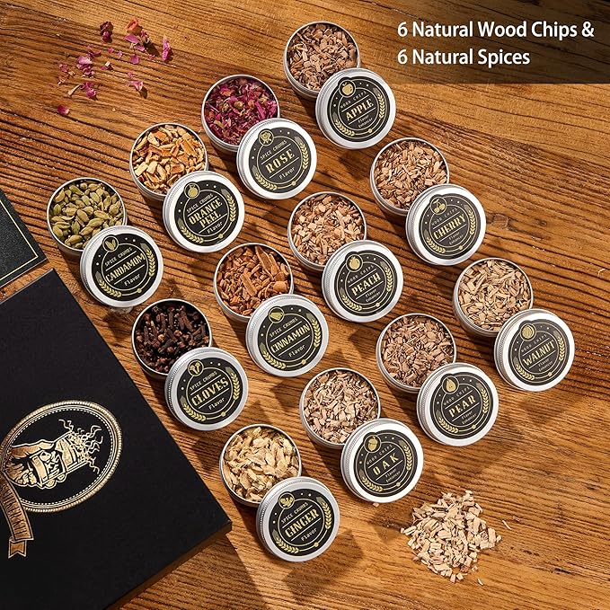 Whiskey Smoker Kit with Torch - 12 Flavors Wood Chips - Cocktail Smoker Infuser Kit, Old Fashioned Drink Smoker Kit, Birthday Bourbon Whiskey Gifts for Men,Dad(NO Butane)