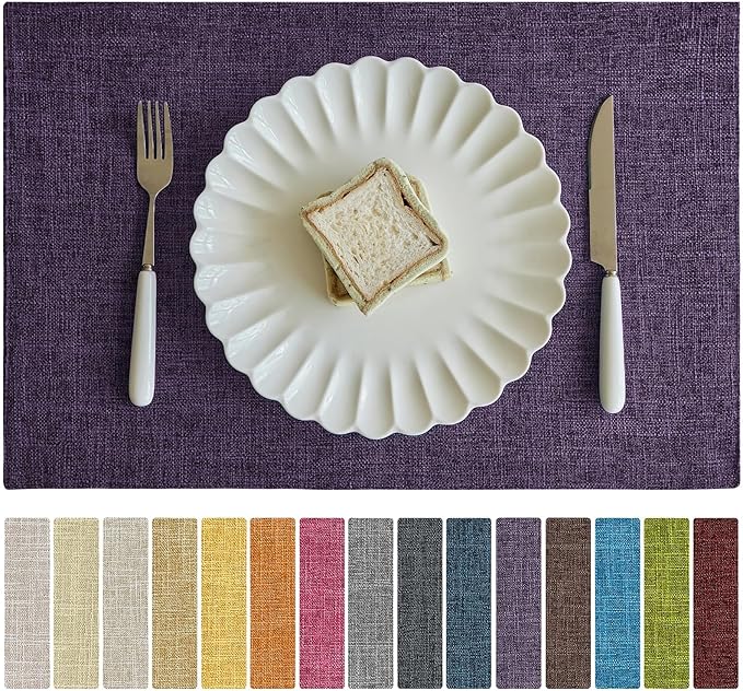 Softalker Faux Linen Placemats Set of 12-12 x 18 Inch, Heat Resistant Double Layered Durable Burlap Farmhouse Place Mats, Non-Slip Washable Rustic Table Mats for Dining, Kitchen, Party（Purple