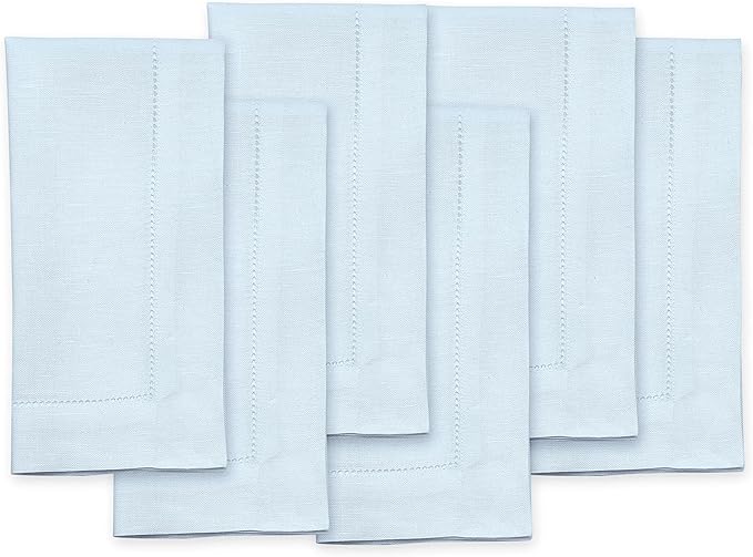 Solino Home Light Blue Linen Napkins Set of 6-100% Pure Linen Hemstitch Dinner Napkins 20 x 20 Inch for Christmas, Winter - Classic Hemstitch