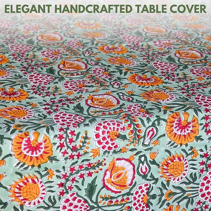 Handblock Print Cotton Tablecloth – 72x180 Rectangle Table Cover Seats 6–8 – Indian Block Printed Floral Dining Table Linen – Boho Washable Cloth for Kitchen, Party, Outdoor (Forest Green)