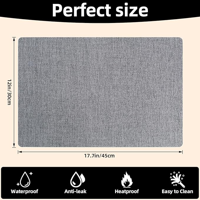 Vinyl Placemats Set of 6-12×17.7 Inch Waterproof & Heattable Placemats, Fall Faux Leather Wipeable Outdoor Table Mat for Dining, Kitchen, Indoor Outdoor Use (Grey, Linen Texture)