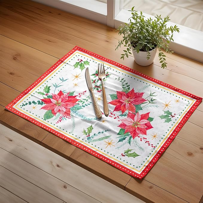 Maison d' Hermine Placemats Set of 4 100% Cotton Washable Cloth Place Mats, Reusable Table Mats for Thanksgiving Christmas Decorations Kitchen Dining Party Wedding (Poinsettia Christmas, 13" x 19")