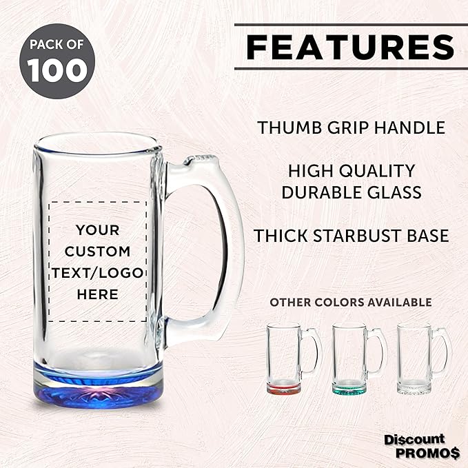 100 Libbey Beer Mugs Set, 12 oz. - Customizable Text, Logo - Groomsmen Glassware - Blue