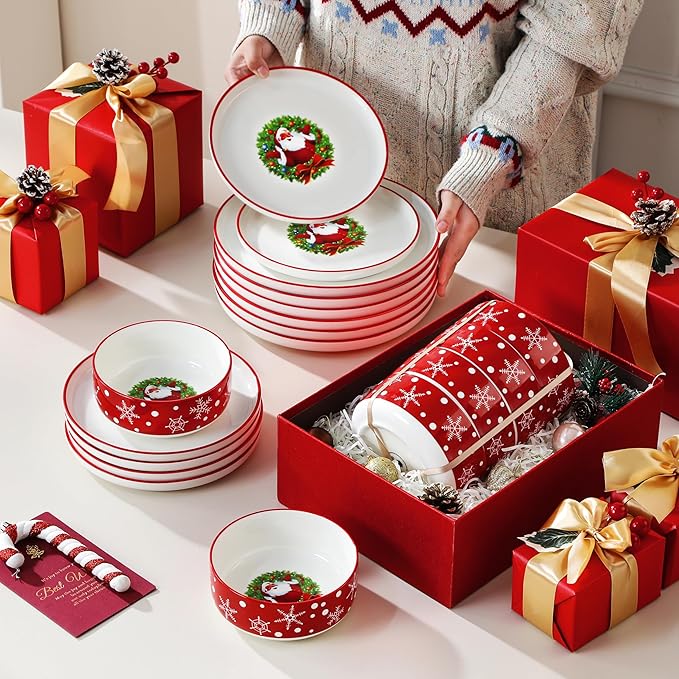 MALACASA Plates and Bowls Sets, 18 Pieces Christmas Porcelain Dinnerware Set for 6, Ceramic Dishware Dishes Kitchen Dinner Dining Ware Set, Microwave and Dishwasher Safe, Series LUNA-Santa Claus