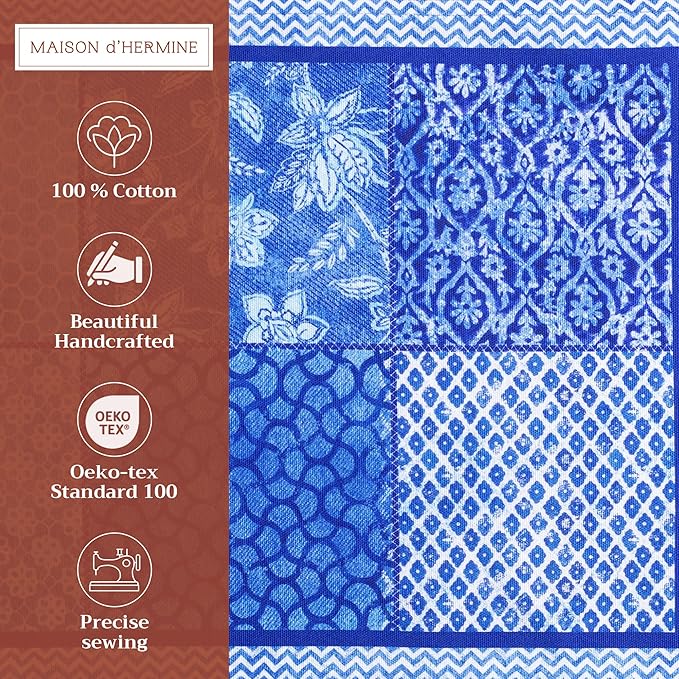 Maison d' Hermine Placemats Set of 4 100% Cotton Washable Cloth Place Mats, Reusable Table Mats for Kitchen Dining Decoration, Party, Wedding, Restaurant Spring/Summer (Indigo Love, 13" x 19")