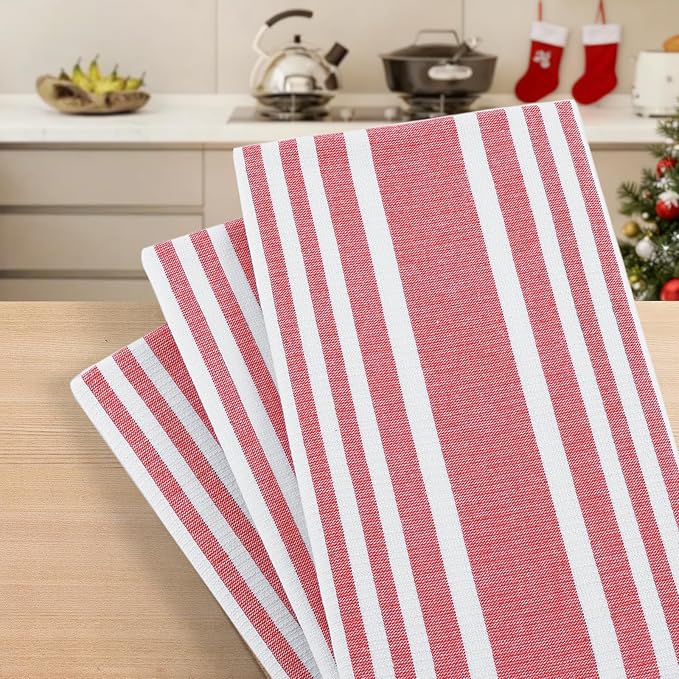 Homaxy Premium Kitchen Towels 18”x 28”, Large Cotton 380 GSM Kitchen Hand Towels, Stripe and Terry Dish Towel, Highly Absorbent Tea Towel Set with Hanging Loop, 6 Pack, Red
