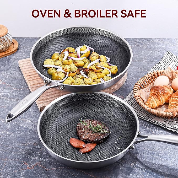 LOLYKITCH 10-12 Inch Hybrid Tri-Ply Stainless Steel Nonstick Chef's Frying Pan Set,Skillets,Induction Cooking Pan,Oven & Dishwasher Safe.