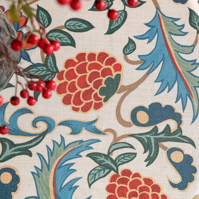 patdrea Designer Floral Linen Table Cloth Durable Breathable Tabletop Cover Dacorative Kitchen Dining Tablecloth for Round Tables for Kitchen Dining Parties,Holiday Christmas,Diameter 55"