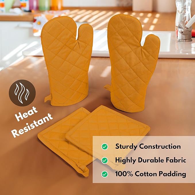 Native Fab 4 Piece Set - 2 Oven Mitts & 2 Potholders, Heat Resistant, 100% Cotton, Quilted Design, Non-Slip Grip, Machine Washable, Ideal for Baking, Cooking, BBQ, Kitchen Protection - Mustard Yellow