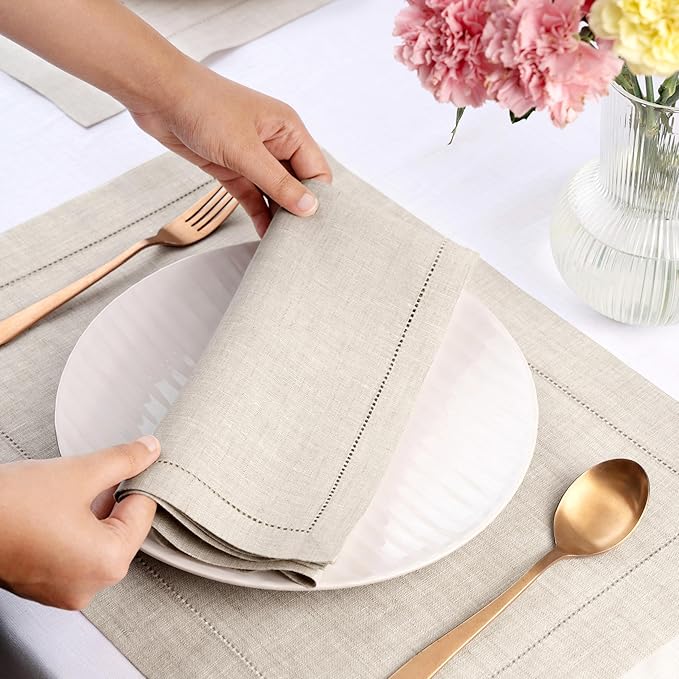 D'Moksha Homes Light Natural Linen Napkins Set of 4 - Classic Hemstitch 100% Pure Linen Hemstitch Dinner Napkins 20 x 20 Inch for Thanksgiving, Christmas, Holiday - Handcrafted and Machine Washable
