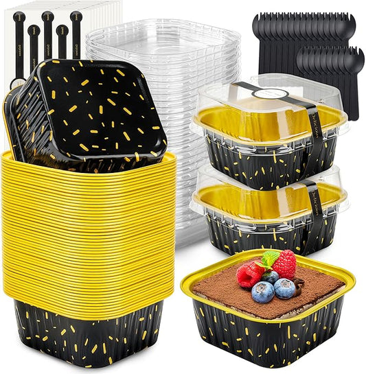 60 Pack Mini Cake Pans with Lids Square Mini Aluminum Pans Pie Tins Flan Containers for Wedding Birthday Party Gift (5OZ, Black Gold Spot)
