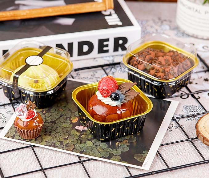 60 Pack Mini Cake Pans with Lids Square Mini Aluminum Pans Pie Tins Flan Containers for Wedding Birthday Party Gift (5OZ, Black Gold Spot)