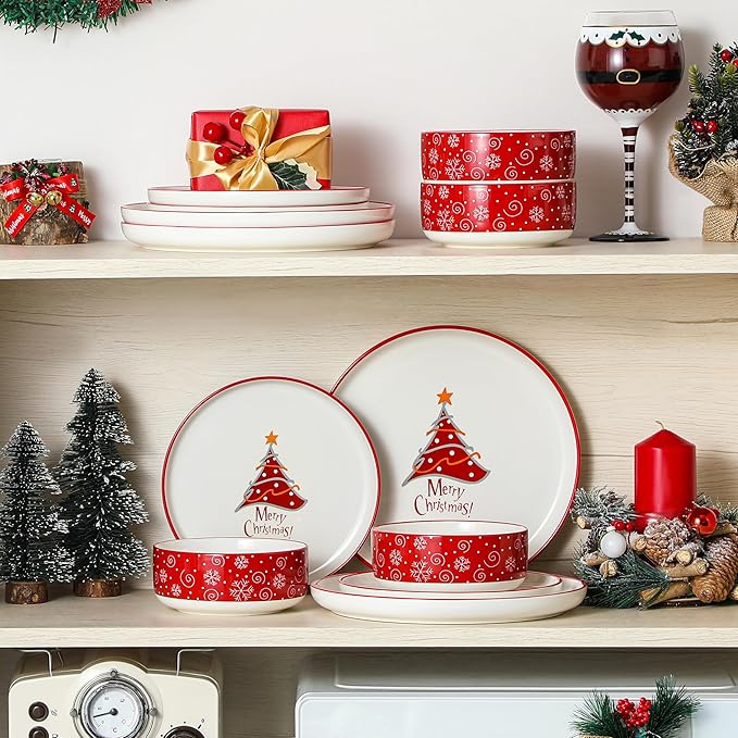 MALACASA Plates and Bowls Sets, 12 Pieces Christmas Porcelain Dinnerware Set for 4, Ceramic Dishware Dishes Kitchen Dining Ware Set, Microwave and Dishwasher Safe, Series LUNA-Christmas Tree