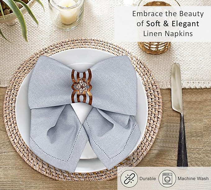 Ruvanti Premium Linen Napkins Set of 4-20x20 Inch, Classic Hemstitch, Mitered Corner Cloth Napkins‎‎ - Soft, Elegant Dinner Napkins Cloth Washable for Weddings, Parties, Everyday Use - Arctic Ice