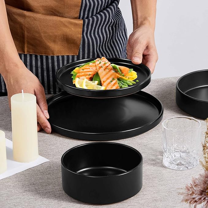 Herogo Dinnerware Sets with Pasta Bowls for 4, 16 Piece Dinner Salad Plates and Cereal Serving Bowls, Stoneware Dishes Dinner Ware for Home Kitchen, Chip & Scratch Resistant, Matte Black