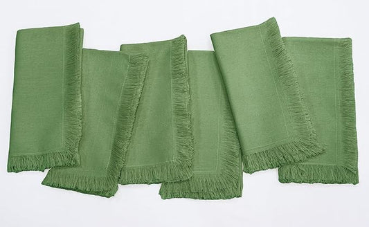 PurpleEssences Cloth Napkins with Fringes, 100% Cotton Christmas Holiday Winter Table Decor, Set of 6 18x18 Inch Reusable Dinner Napkins for Parties and Weddings - Sage Green