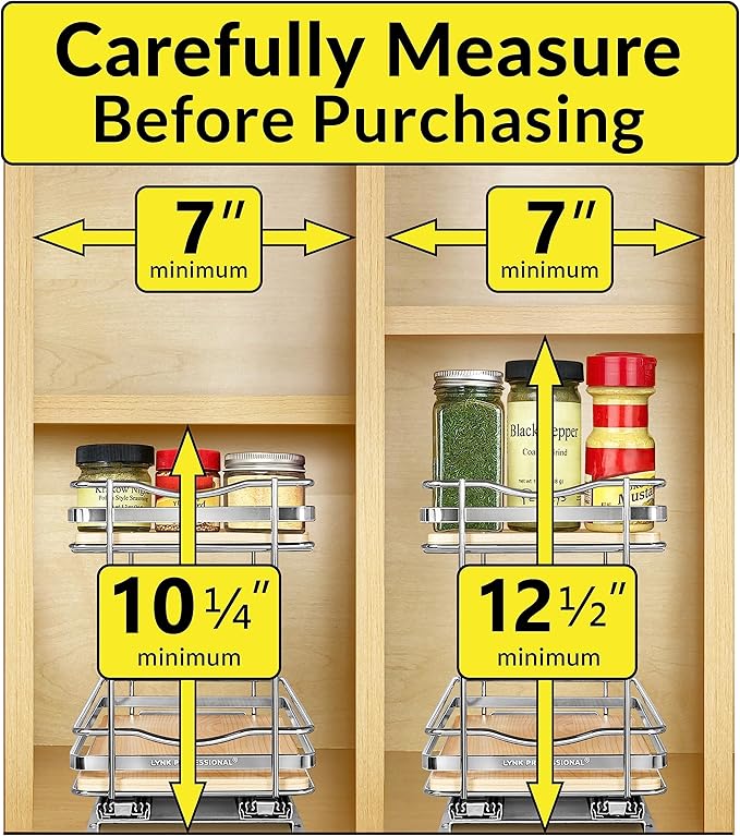 LYNK PROFESSIONAL® Élite™ Pull Out Spice Rack Organizer for Inside Kitchen Cabinets - 6-3/8 inch Wide - Slide Out Drawer – Wood/Chrome Sliding Spice Cabinet Organization Shelf Racks - 2 Tier
