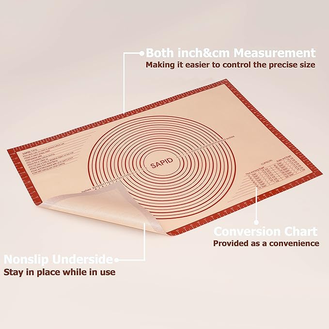 Sapid Extra Thick Silicone Pastry Mat Non-slip with Measurements for Non-stick Silicone Baking Mat Extra Large, Dough Rolling, Pie Crust, Kneading Mats, Countertop, Placement Mats (24" x 36", Red)