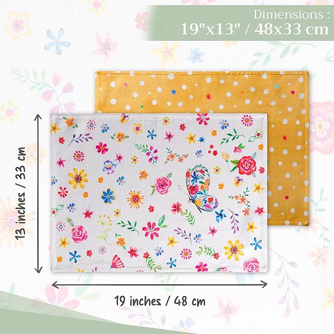 Maison d' Hermine Placemats Set of 4 100% Cotton Washable Cloth Place Mats, Reusable Table Mats for Kitchen Dining Decoration, Party, Restaurant Spring/Summer (Happy Florals - Sweety, 13" x 19")