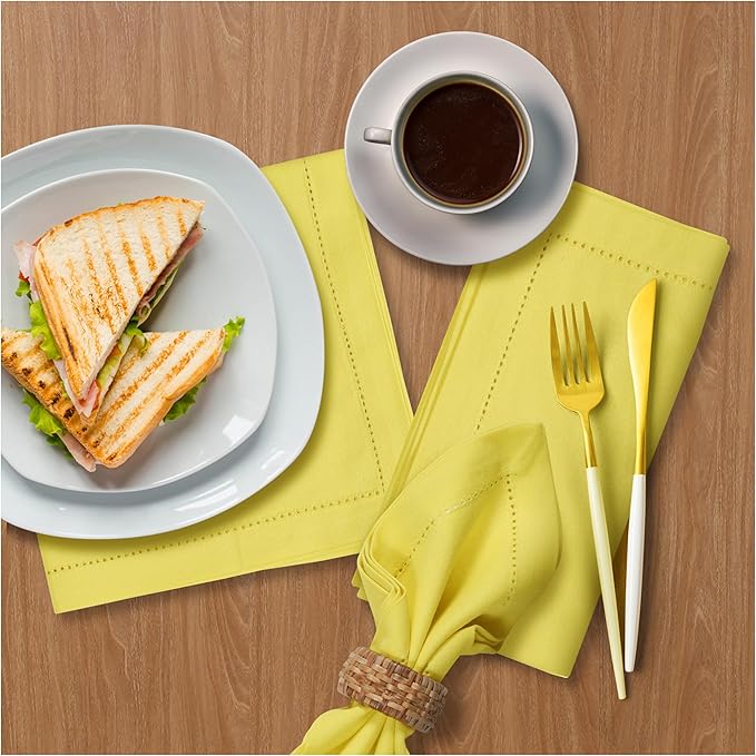 Bedding Craft Hemstitched Cotton Cloth Dinner Napkins Set of 12 – 18x18 Golden Kiwi – Reusable Machine Washable Fabric Napkins for Weddings, Thanksgiving, Christmas & Events