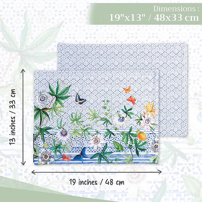 Maison d' Hermine Placemats Set of 4 100% Cotton Washable Cloth Place Mats, Reusable Table Mats for Kitchen Dining Decoration, Party, Wedding, Restaurant Spring/Summer (Passiflora, 13" x 19")