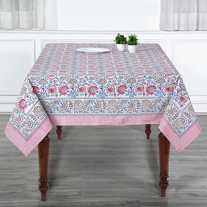 Ridhi - Hand Block Print Cotton Cloth Dinning Table Cover Wedding Farmhouse Thanks Giving Christmas Spring Tablecloth (Pigeon Blue and Flamingo Pink, 4 Seater 60x60 Inches)