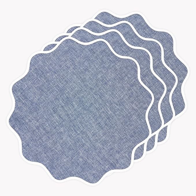 Solino Home Scallop Linen Placemats Set of 4-100% Pure Linen White and Chambray Indigo Round Cloth Placemats 16 Inch for Fall, Autumn - Giselle Scallop Edge, Handcrafted and Machine Washable