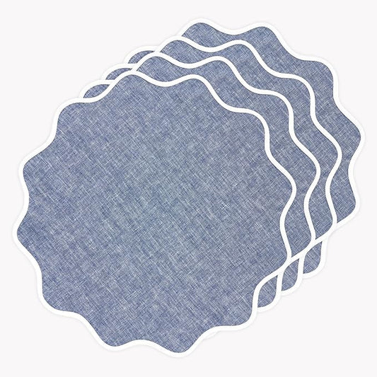 Solino Home Scallop Linen Placemats Set of 4-100% Pure Linen White and Chambray Indigo Round Cloth Placemats 16 Inch for Fall, Autumn - Giselle Scallop Edge, Handcrafted and Machine Washable