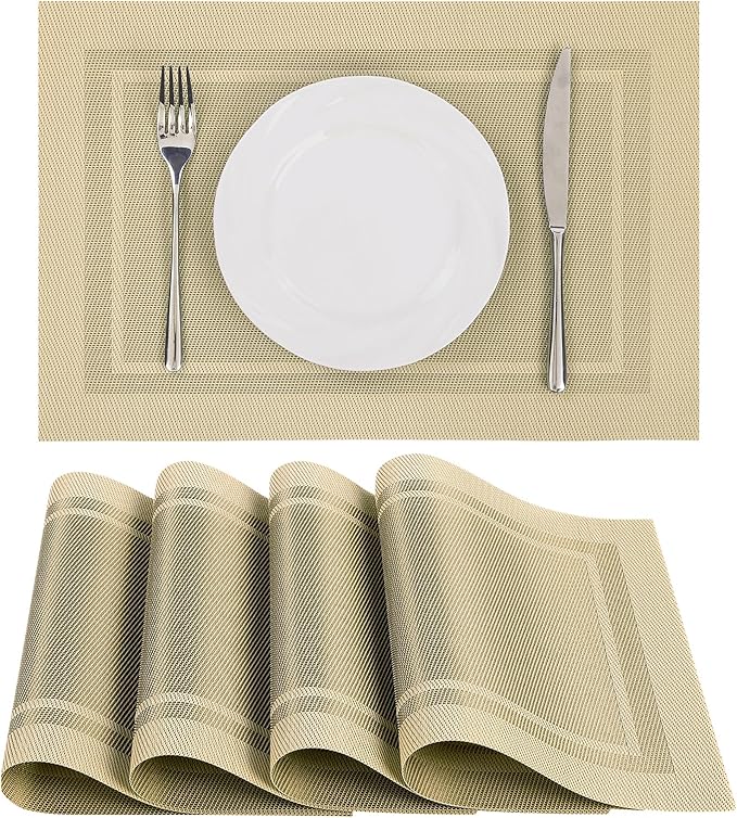 SHACOS Woven Plastic Placemats Set of 4 Wipe Clean Heat Resistant Place Mats for Dining Table PVC Weave Table Mats Indoor Outdoor (4, Frame Beige)