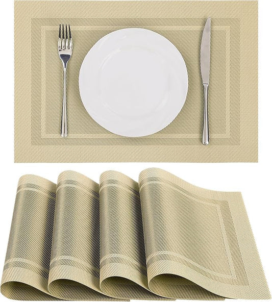 SHACOS Woven Plastic Placemats Set of 4 Wipe Clean Heat Resistant Place Mats for Dining Table PVC Weave Table Mats Indoor Outdoor (4, Frame Beige)