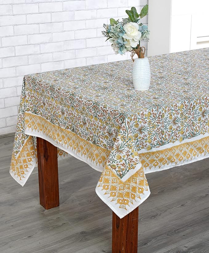 Ridhi - Hand Block Print Cotton Cloth Dinning Table Cover Wedding Farmhouse Thanks Giving Christmas Spring Tablecloth (Goldenrod Yellow, 14 Seater 72X160 INCH)