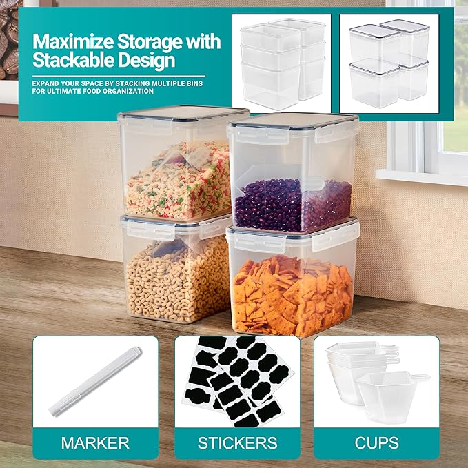Sorbus Food Storage Containers - Pack of 6 - Air Tight, Four-Way Snap Lids Keeps Food Fresh - Store Cereal, Pasta, Flour, Nuts, Candy - Durable Plastic Kitchen Pantry Bins