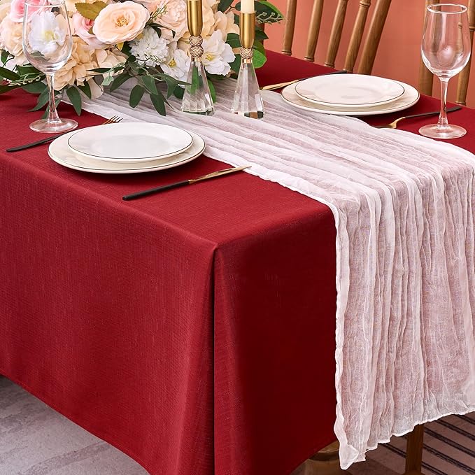 Fitable 2 Pack Faux Linen Christmas Tablecloths, Burlap Textured Fabric Table Clothes Rectangle, Rustic Decorative Table Covers for Winter Holiday Dinner Party Farmhouse (Red, 60 x 120 Inch)