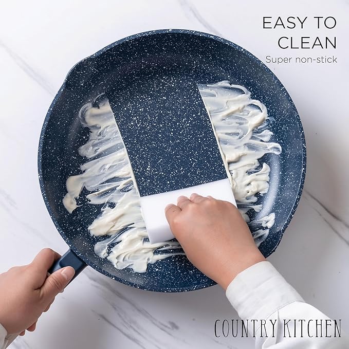 Country Kitchen Non-Stick Cast Aluminum Cookware Set - Durable Kitchen Cookware for Everyday Cooking, Navy Round Handle, 11 Pc.