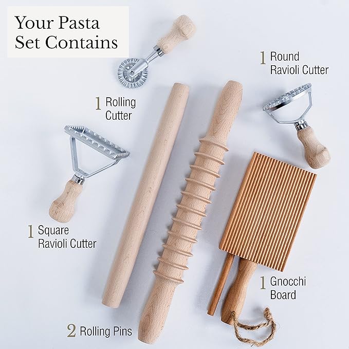 Complete 6 Pcs Pasta Making Tool Set Includes Two Ravioli Stamp Maker Cutter And Roller Wheel Set, Two Pasta Rolling Pins, Gnocchi Board By Cotswold Homeware Co