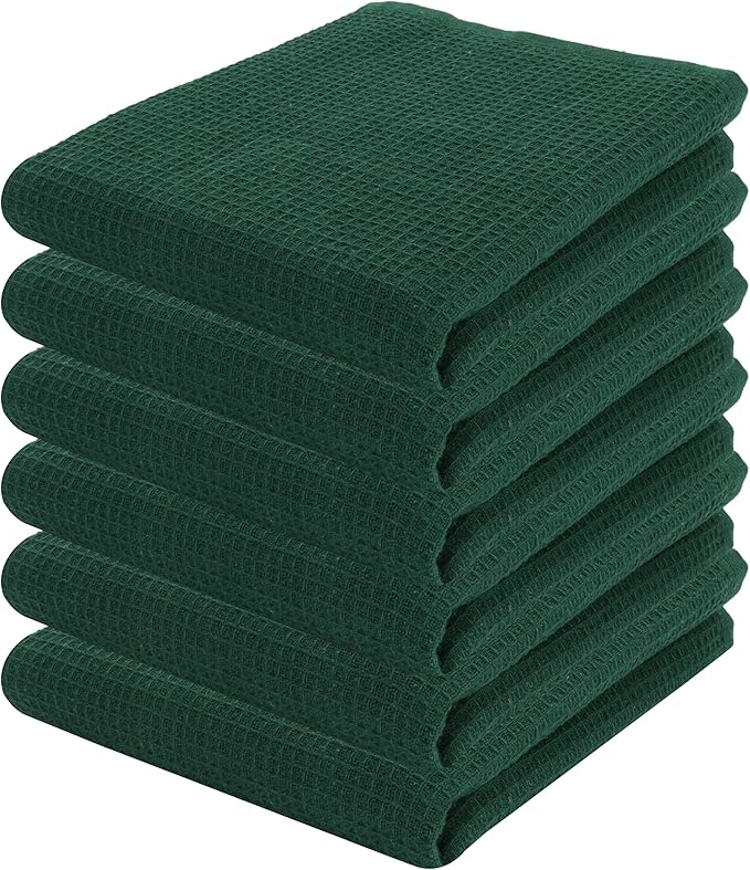 PurpleEssences Waffle Weave Kitchen Towel, 100% Cotton - 15x25 Inches, with Hanging Loop Ultra Soft Absorbent Quick Drying Dish Cloth, Tea and Hand Towels, 6 Pack - Christmas Holiday Winter - Green