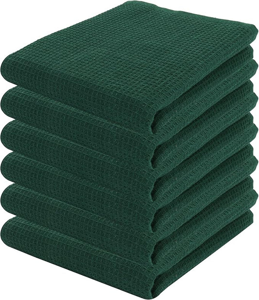 PurpleEssences Waffle Weave Kitchen Towel, 100% Cotton - 15x25 Inches, with Hanging Loop Ultra Soft Absorbent Quick Drying Dish Cloth, Tea and Hand Towels, 6 Pack - Christmas Holiday Winter - Green