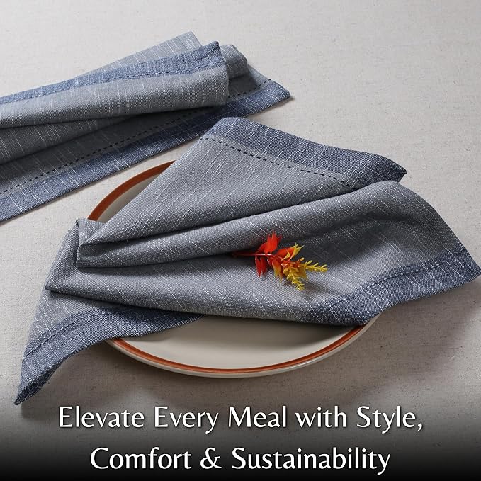 Ramanta Home Cloth Napkins Set of 4 Textured Cotton 18x18 - Premium Contrast Border Fall Thanksgiving Dinner Napkins for Christmas Farmhouse Wedding, Soft Washable Table Linen for Everyday Use - Grey