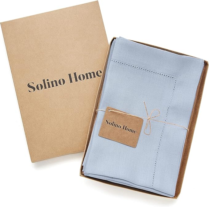 Solino Home Sky Blue Linen Napkins Set of 4-100% Pure Linen Hemstitch Dinner Napkins 20 x 20 Inch for Holiday, Christmas - Classic Hemstitch