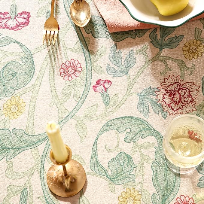 patdrea Designer Green Tablecloth for Round Tables,Vintage Linen with Leaves and Flowers Pattern Tablecloths,Farmhouse Floral Table Cover Cloth Decor for Kitchen Dining Christmas,Diameter 55"
