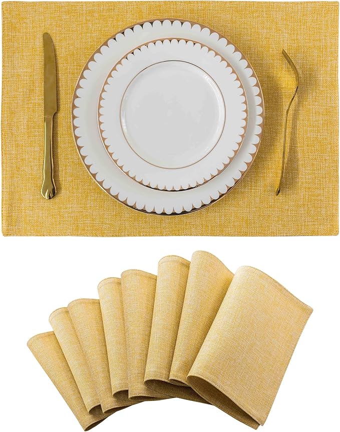 Home Brilliant Cloth Placemats Set of 8 Linen Placemat Washable Heat Resistant Dining Table Place Mats for Kitchen Table Holiday Dinner Fall Winter Decoration, Yellow