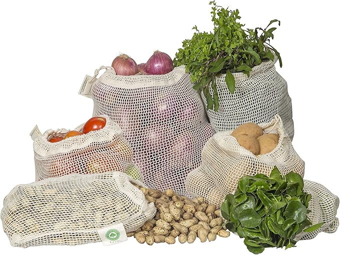 Reusable Mesh Vegetable Bags of 100% Organic Cotton - 6 Pieces Perfect Net Produce Bags - Eco-friendly, Bio-degradable & Washable Fruit, Vegetable & Produce Bags (3 Medium, 3 Small)