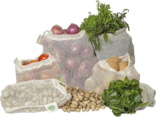 Reusable Cotton Mesh Produce Bags - 100% Organic Cotton, Durable, Double Stitched, Washable with Tare Weight & Drawstring - Mesh Bags for Grocery Shopping, Vegetables & Fruits | Set of 6 (2L, 2M, 2S)